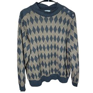 ALFRED DUNNER  1X Women’s Knit Top Light Argyle Sweater Charcoal & Gold Vintage